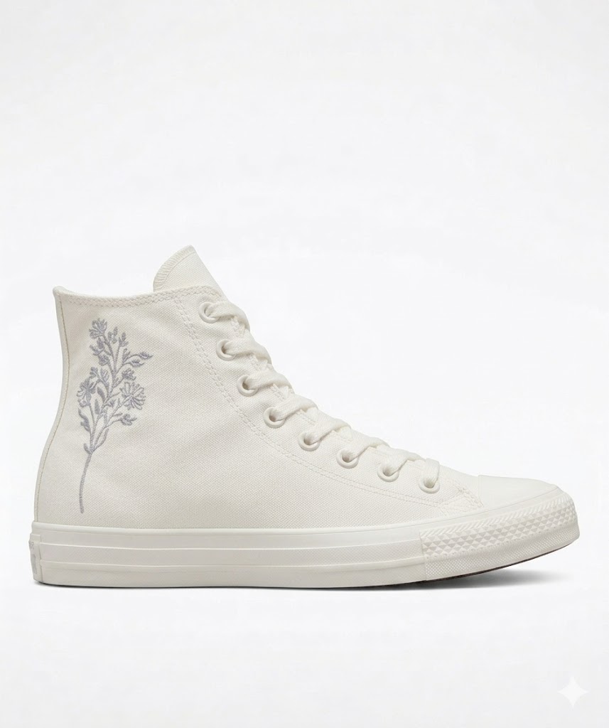 zapatillas-converse-blancas-caña-alta-bordado-lateral Vista lateral derecha de zapatilla Converse blanca de caña alta con bordado floral gris en el talón, fondo blanco limpio para catálogo.