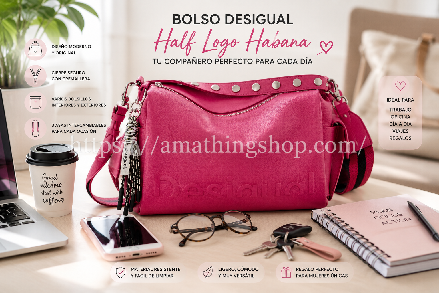 Bolso Desigual fucsia Half Logo Habana 23WAXP04 mostrado sobre una mesa de trabajo con móvil, café, gafas, llaves y agenda, destacando su uso como bolso bandolera para oficina, día a día, viajes y regalo para mujer.