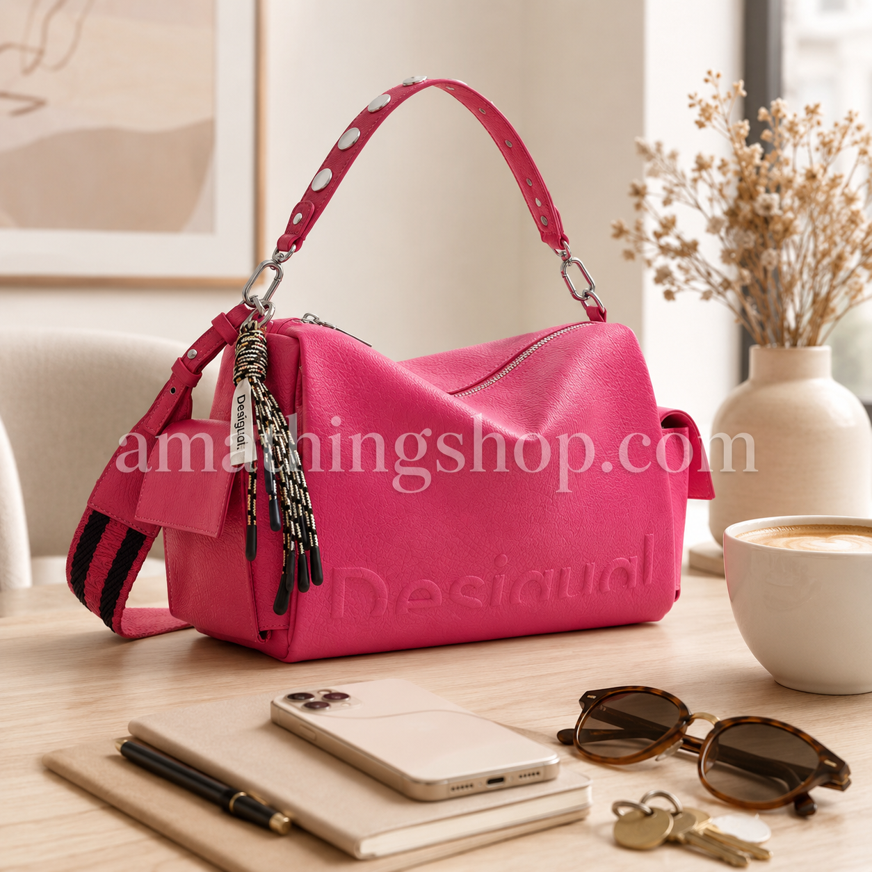 Bolso Desigual fucsia Half Logo Habana 23WAXP04 apoyado sobre una mesa clara con móvil, agenda, gafas, llaves y café, ideal como bolso de mujer para trabajo, oficina y uso diario.