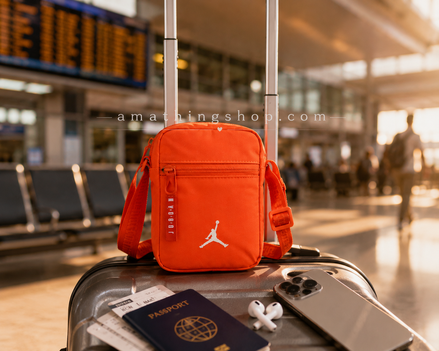 Bolso Jordan Airborne naranja lifestyle viaje aeropuerto Bolso Jordan Airborne naranja sobre maleta de cabina en aeropuerto moderno con accesorios de viaje. Imagen lifestyle optimizada para Google Imágenes, Pinterest y ecommerce streetwear.