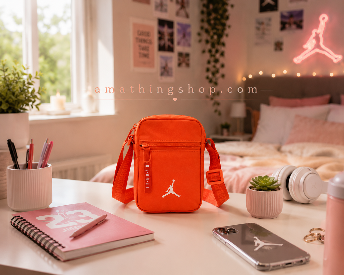 Bolso Jordan Airborne naranja lifestyle habitación adolescente Bolso Jordan Airborne naranja sobre escritorio en habitación moderna adolescente. Imagen lifestyle optimizada para Google Imágenes, Pinterest y ecommerce streetwear.
