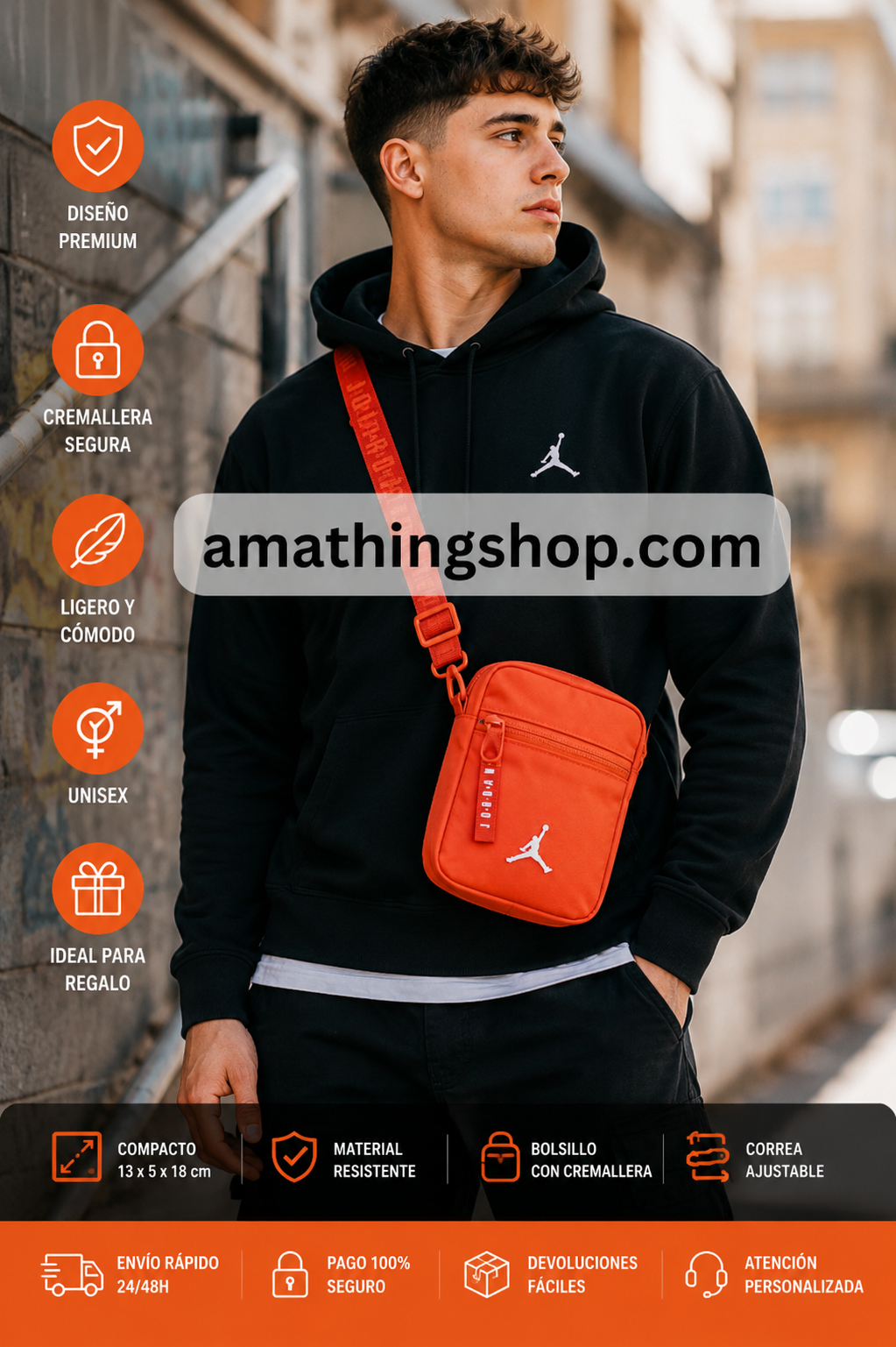 Bolso Jordan Airborne naranja hombre lifestyle streetwear Hombre joven usando bolso Jordan Airborne naranja estilo bandolera en ambiente urbano streetwear. Imagen lifestyle optimizada para Google Imágenes, Pinterest y ecommerce de moda urbana.