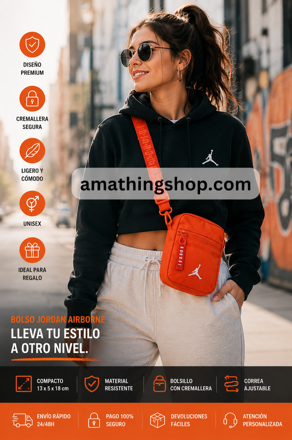Bolso Jordan Airborne naranja mujer lifestyle streetwear urbano Mujer joven usando bolso Jordan Airborne naranja estilo bandolera en calle urbana moderna. Imagen lifestyle streetwear optimizada para Google Imágenes, Pinterest y ecommerce de moda urbana.