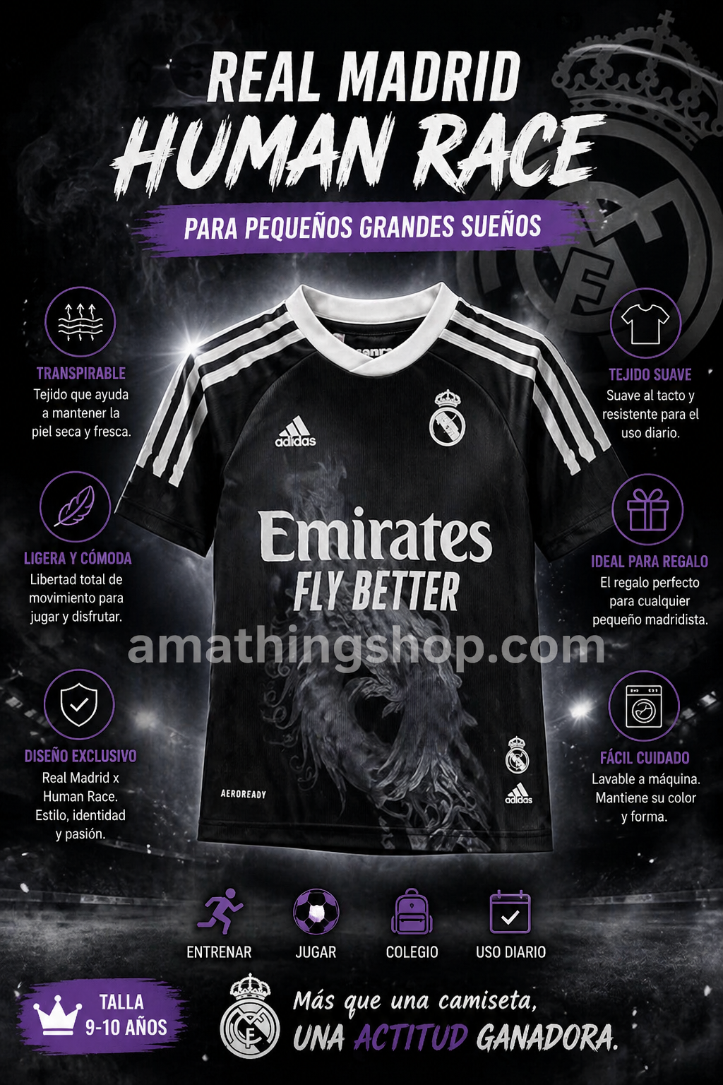 Camiseta Real Madrid niña Human Race negra ideal para regalo y uso diario con diseño deportivo moderno