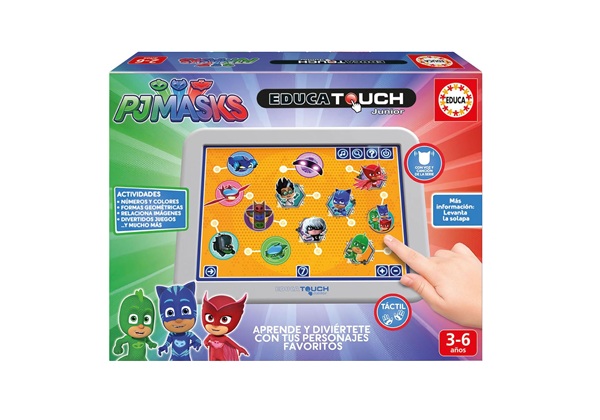 Juego educativo Educa Touch Junior PJ Masks con base táctil y láminas de actividades para niños. Juguete educativo interactivo con música y actividades de aprendizaje para infantil.