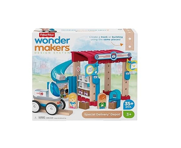 fisher-price-wonder-makers-2 Niño jugando con el set de construcción de madera Wonder Makers con piezas, vehículo y oficina de correos