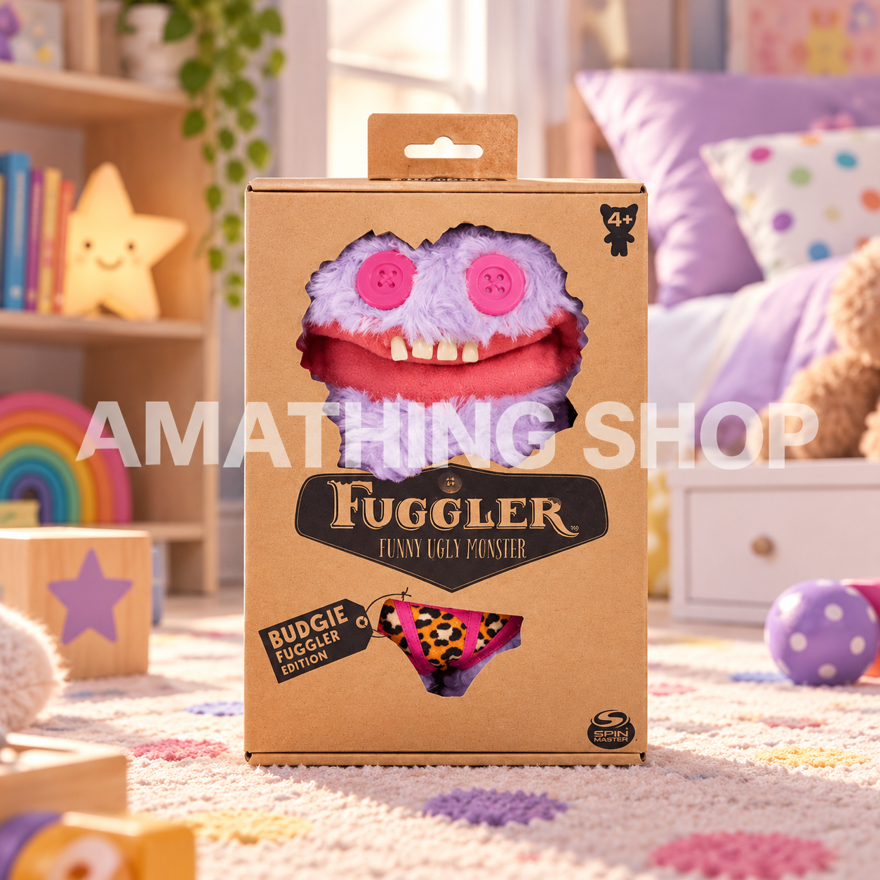 Fuggler Grin Grin morado Budgie de 22 cm dentro de su caja de cartón en una habitación infantil