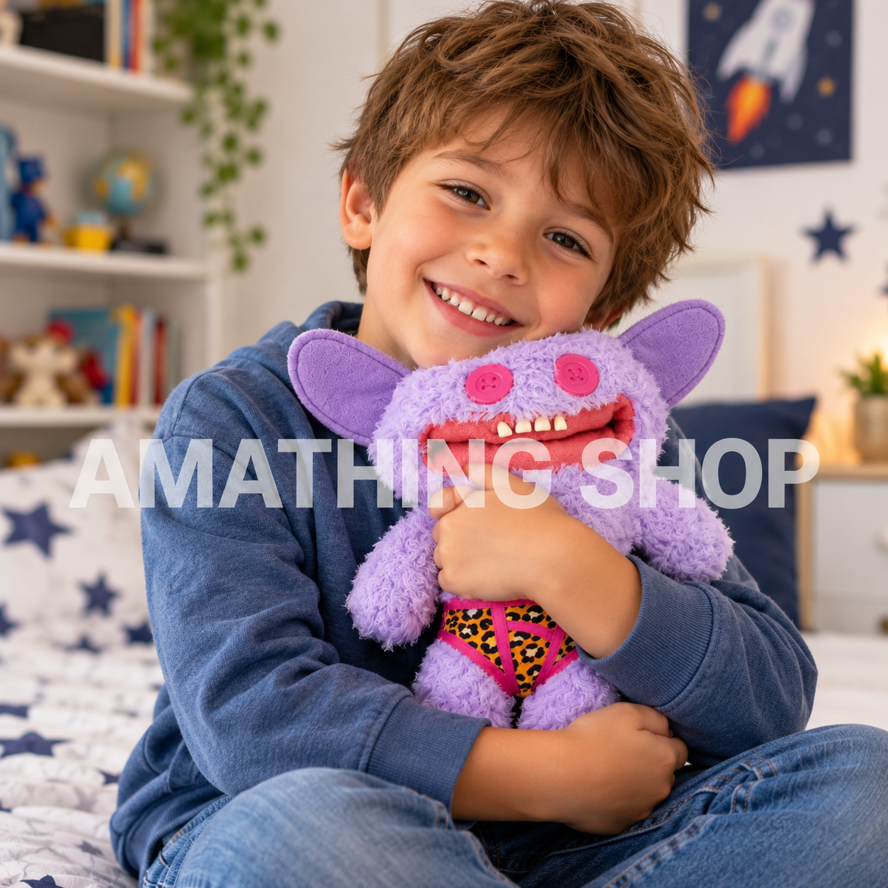 Niño abrazando un peluche Fuggler Grin Grin morado Budgie de 22 cm con ojos rosas de botón