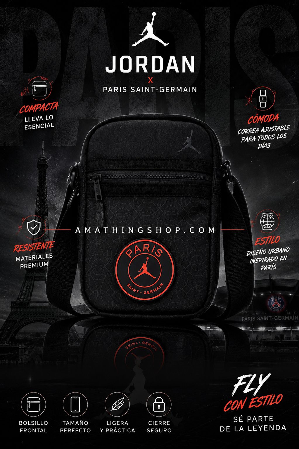 Poster catálogo de bandolera Jordan PSG negra estilo streetwear urbano inspirado en París.
