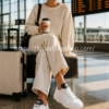 Mujer en aeropuerto con Adidas Stan Smith Millencon blancas plataforma HQ6041 y maleta de viaje