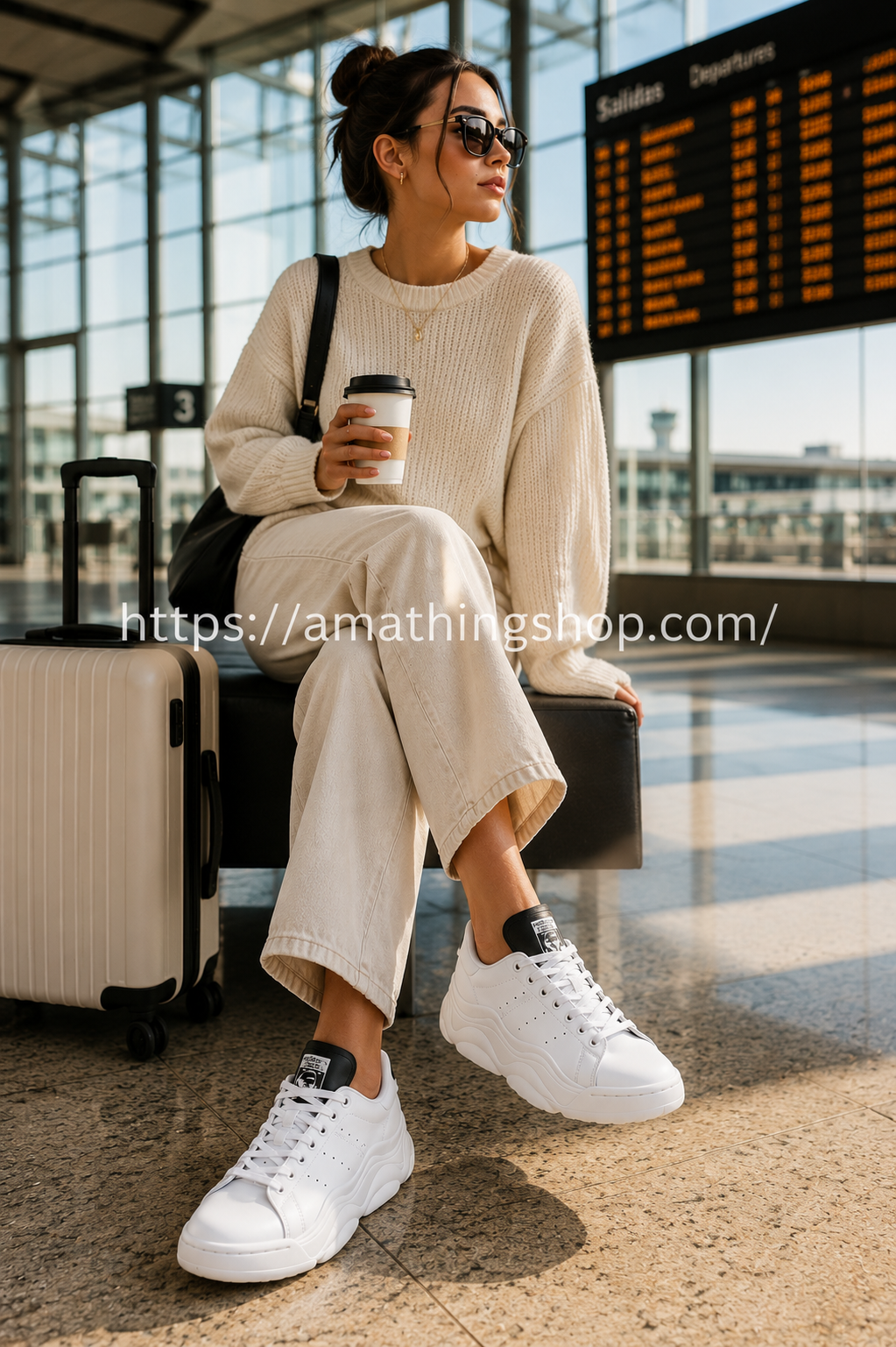 Mujer en aeropuerto con Adidas Stan Smith Millencon blancas plataforma HQ6041 y maleta de viaje