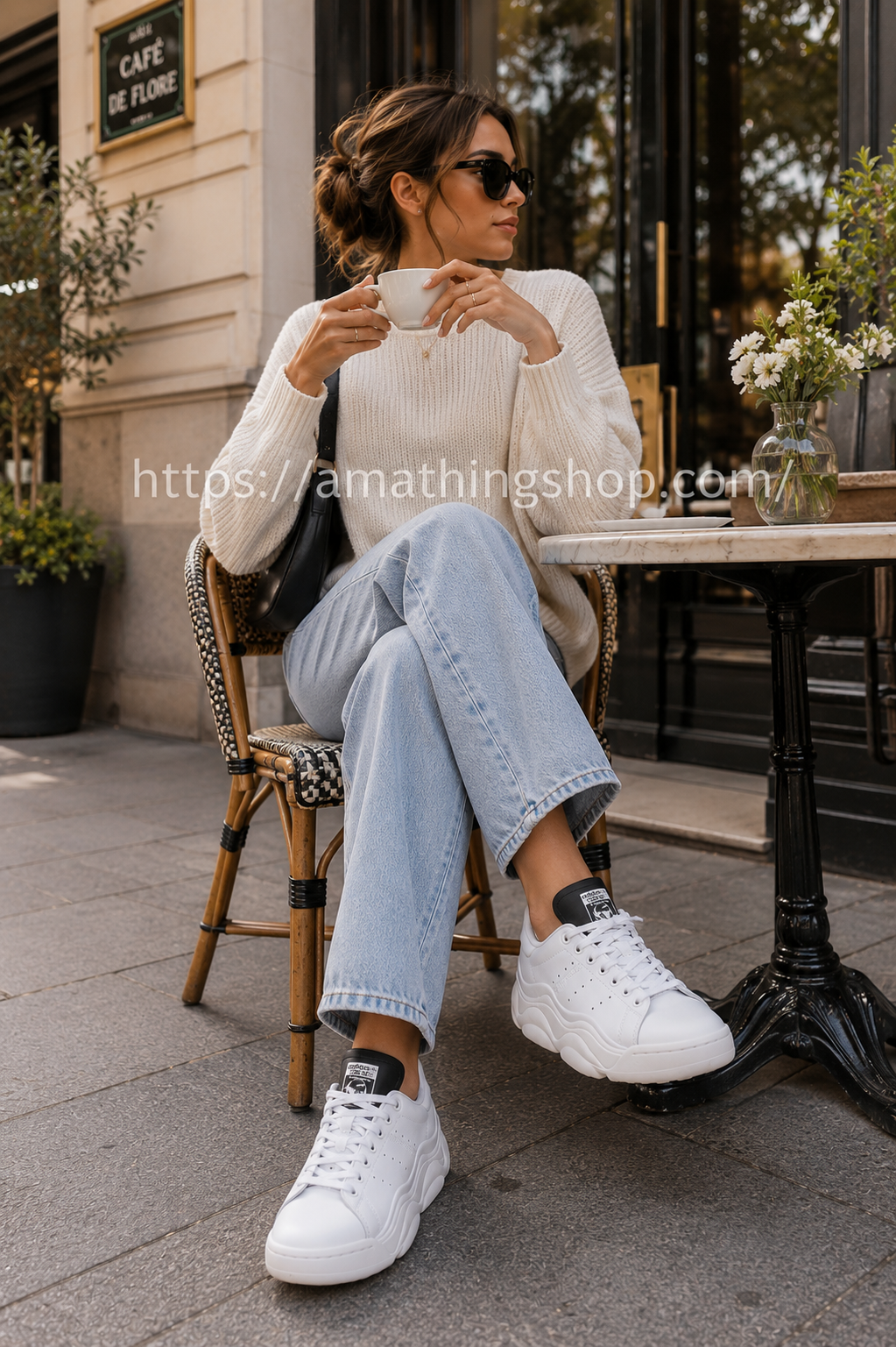 Mujer sentada en una terraza con Adidas Stan Smith Millencon blancas plataforma HQ6041