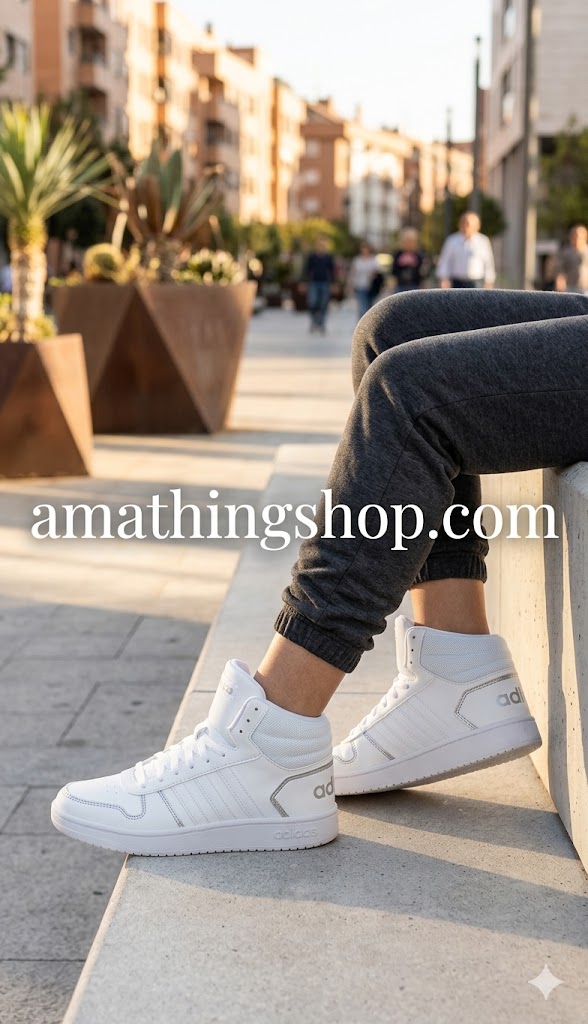 Zapatillas Adidas Hoops 2.0 Mid de bota para mujer en color blanco y plateado, estilo casual con pantalón de chándal gris, rebajadas en amathingshop.com.