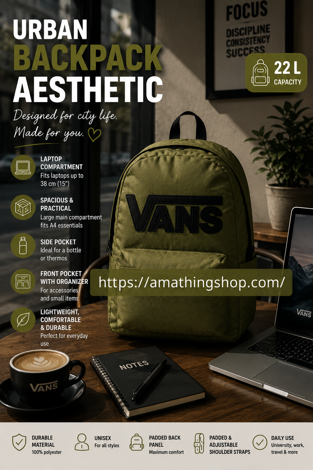 Mochila aesthetic urbana Vans verde militar oliva para portátil universidad y cafetería