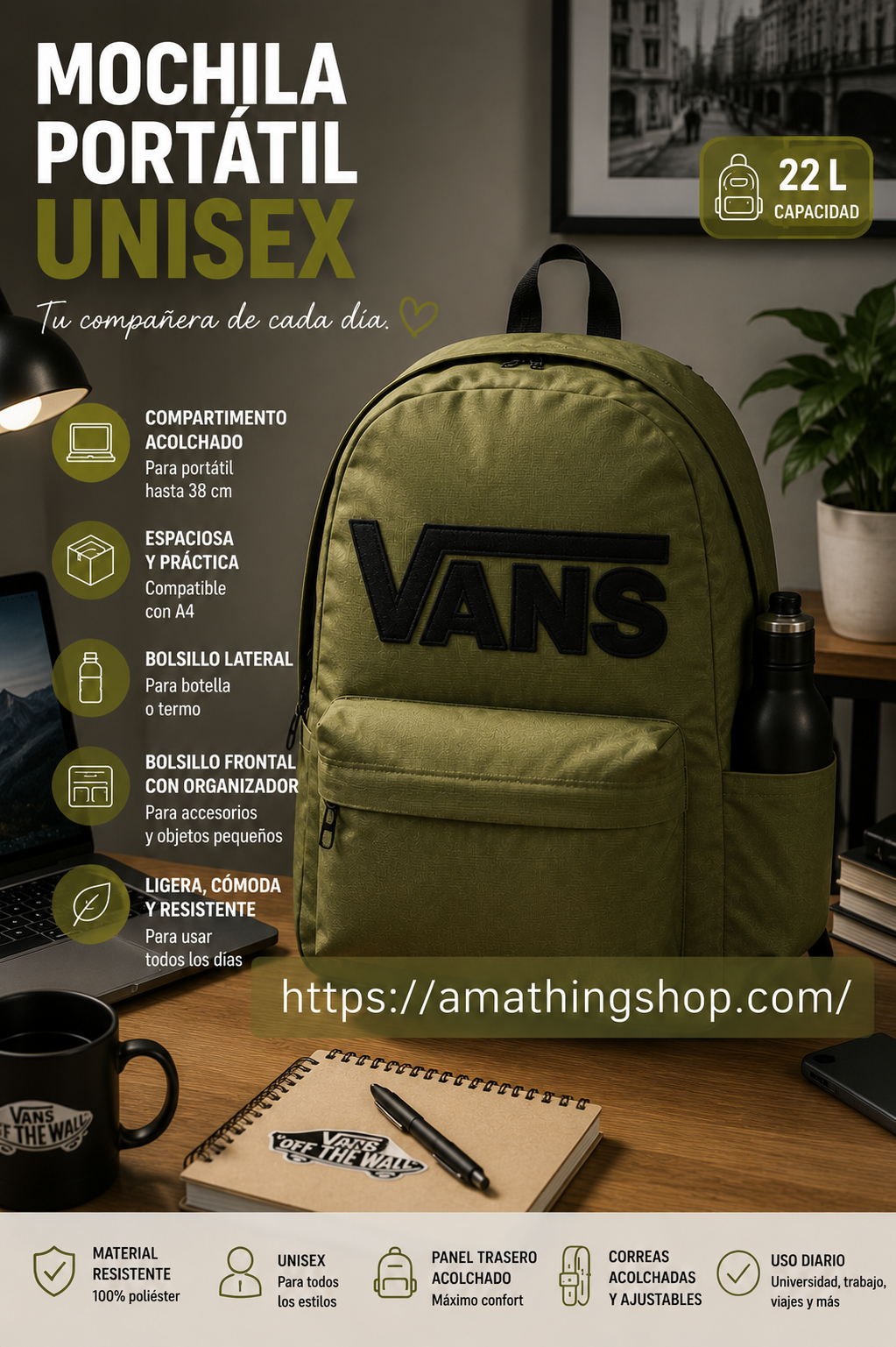 Mochila portátil unisex Vans verde militar oliva ideal para trabajo universidad y portátil