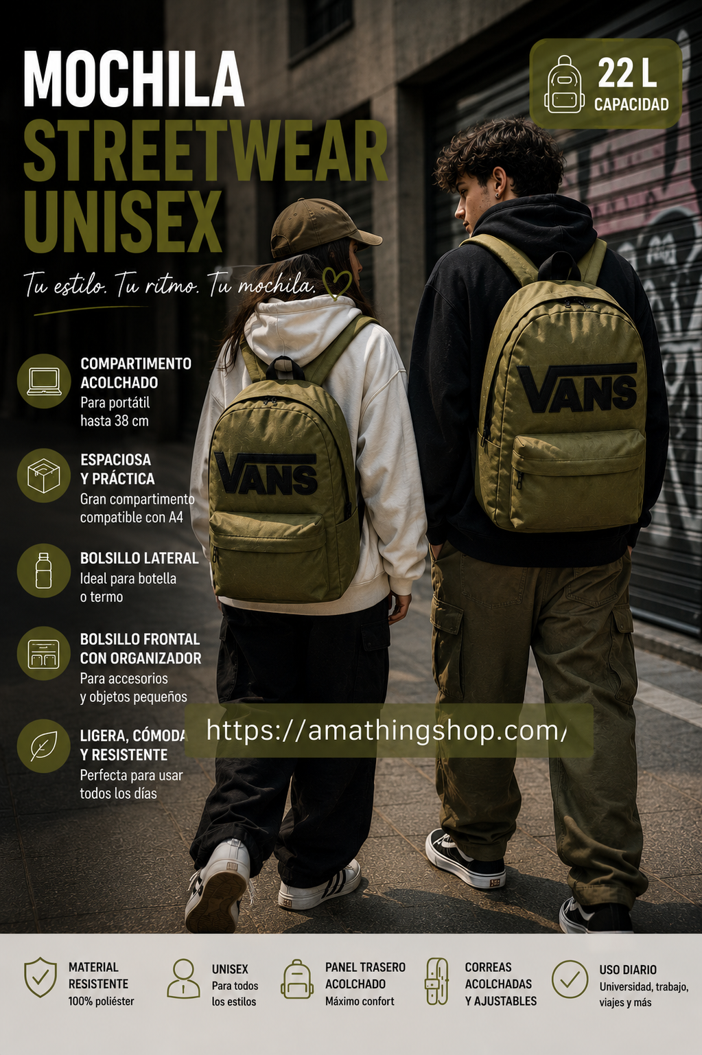 Mochila streetwear unisex Vans verde militar oliva para outfits urbanos y portátil