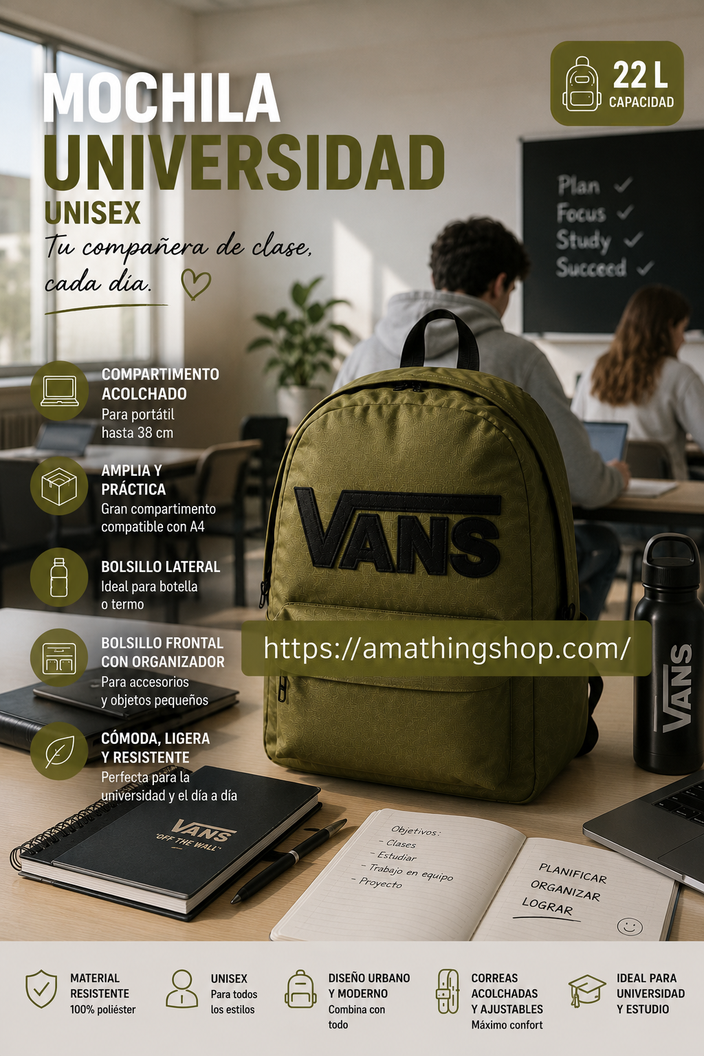 Mochila universidad unisex Vans verde militar oliva ideal para portátil y estudio