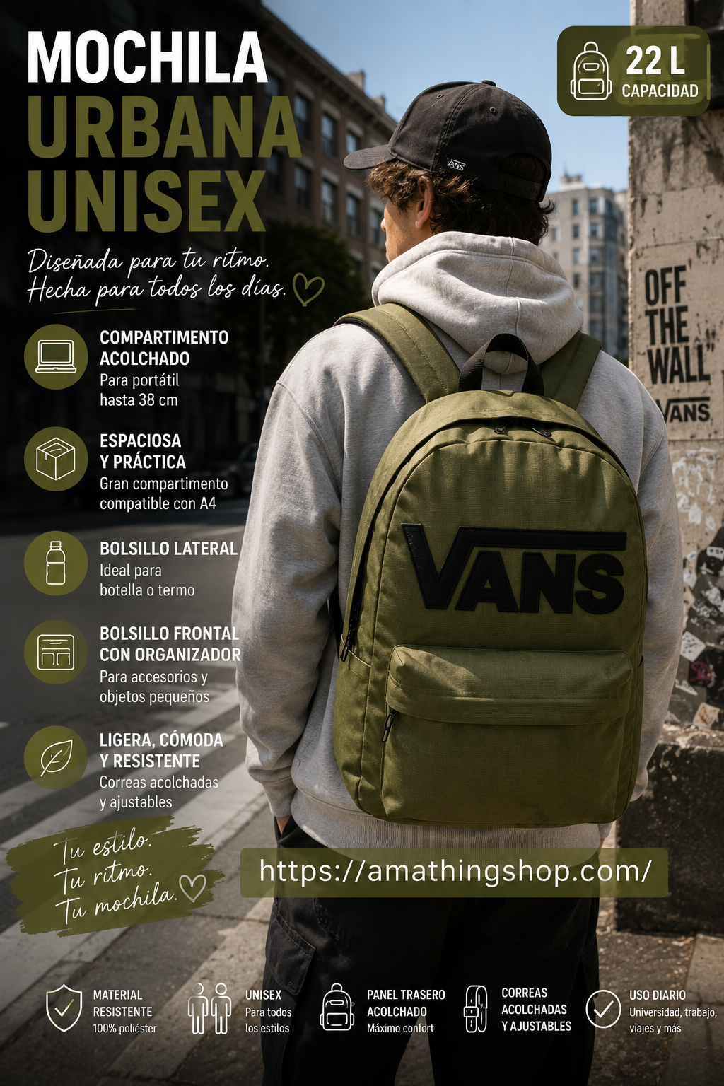 Mochila urbana unisex Vans verde militar oliva para ciudad universidad y portátil