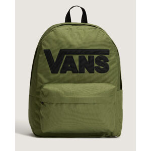 Mochila Vans Old Skool Drop V de 22 litros en color verde militar oliva con el logotipo de Vans bordado en negro en el frente, sobre fondo neutro claro.