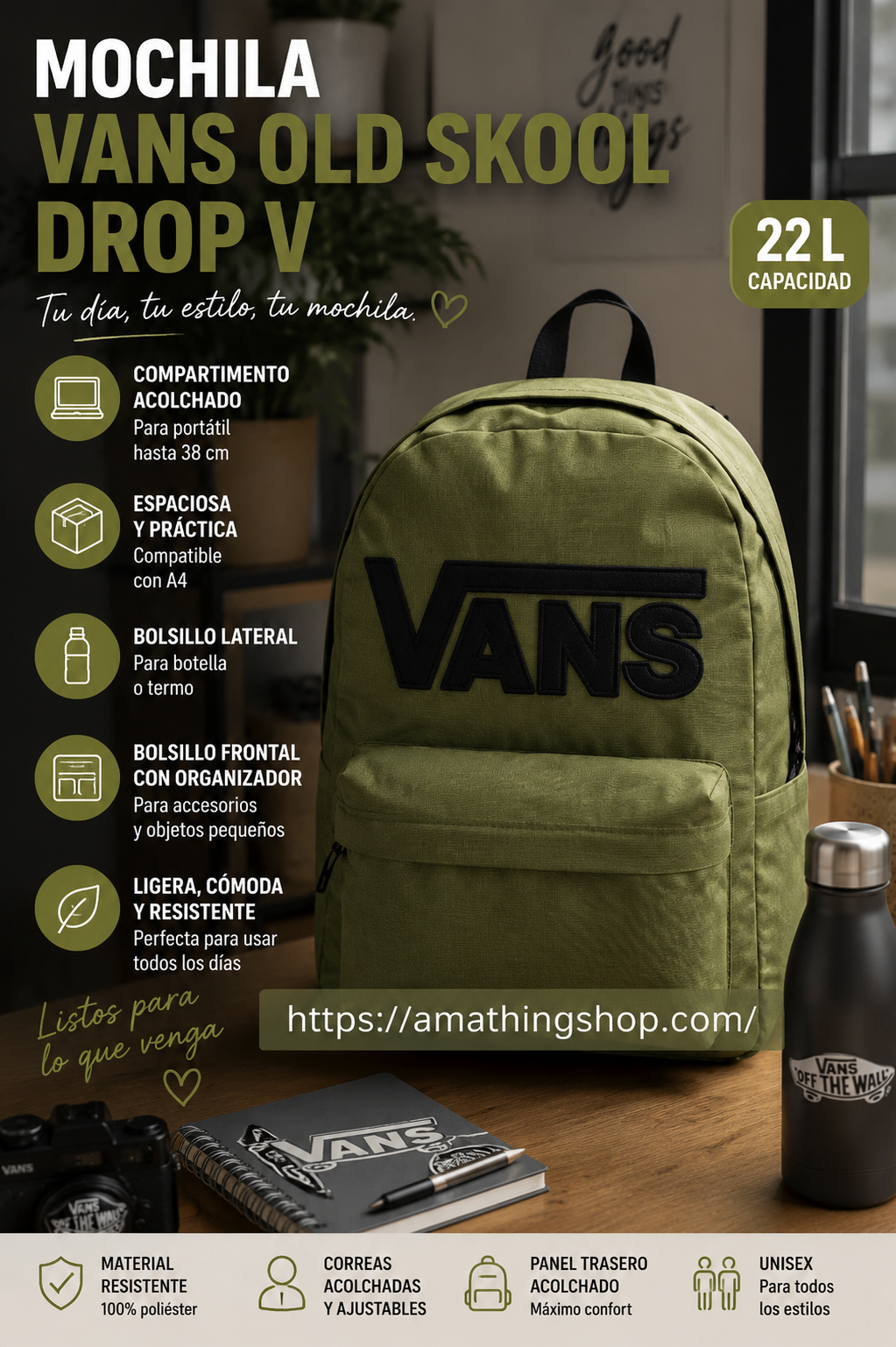 Mochila Vans verde militar oliva 22L unisex para portátil universidad y uso diario