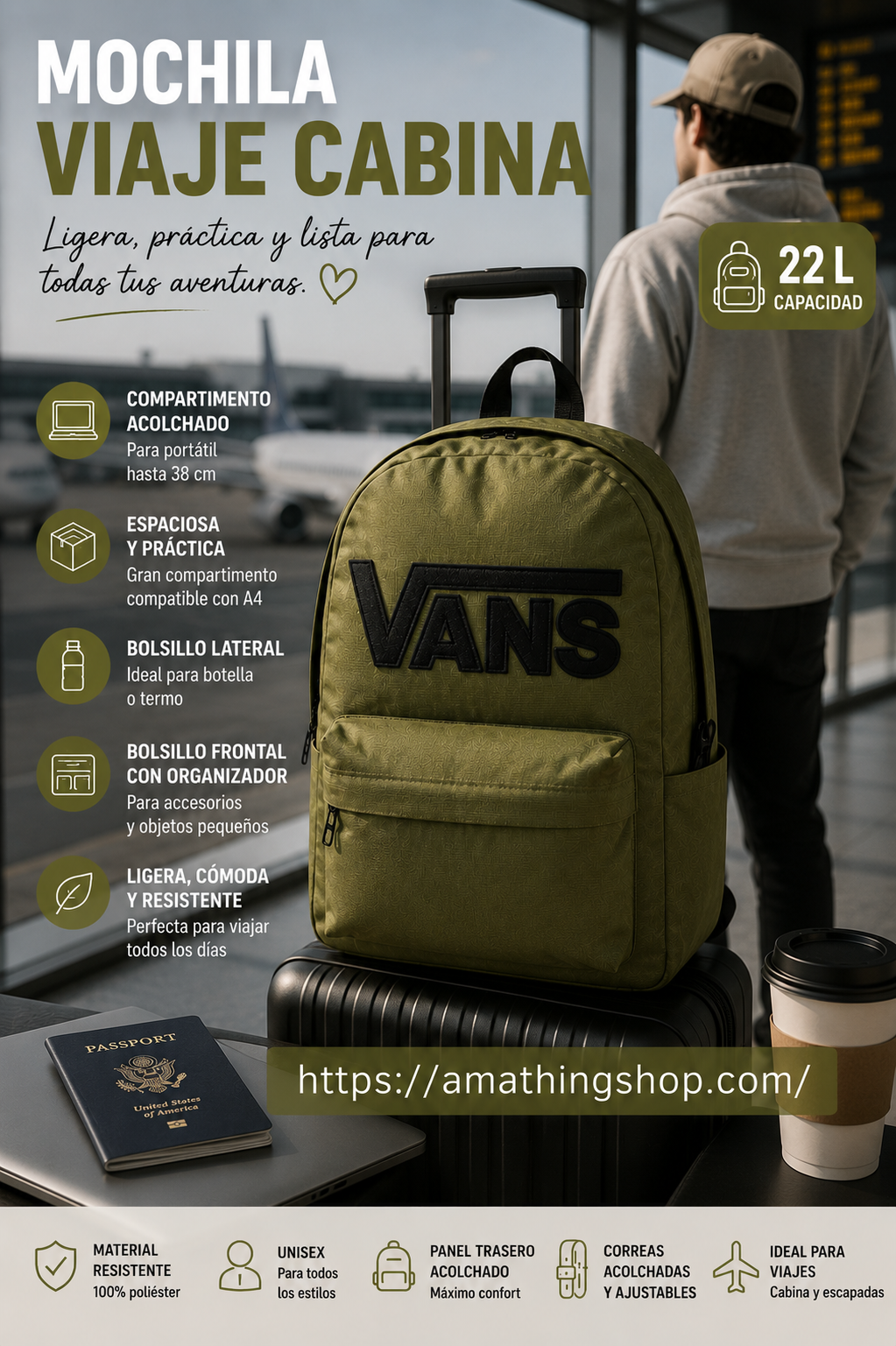 Mochila viaje cabina Vans verde militar oliva ideal para portátil aeropuerto y escapadas