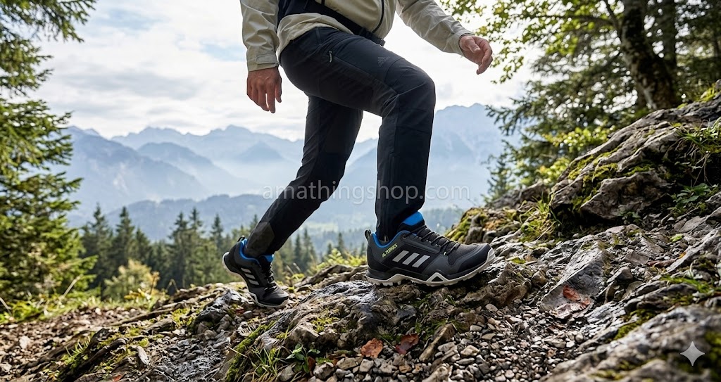 hombre caminando en montaña con zapatillas adidas terrex ax3 trail senderismo agarre rocas
