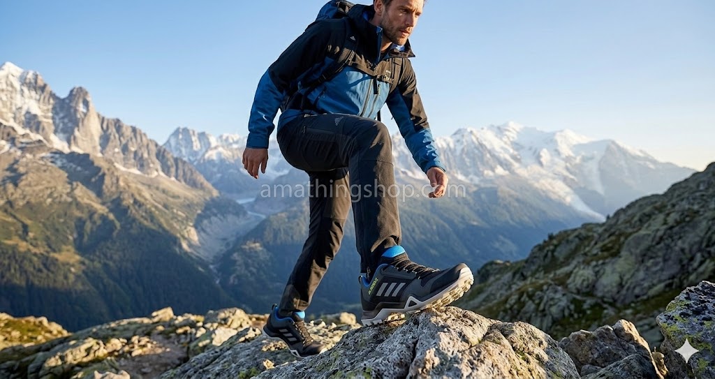 hombre en montaña usando zapatillas adidas terrex ax3 trail senderismo trekking agarre en roca