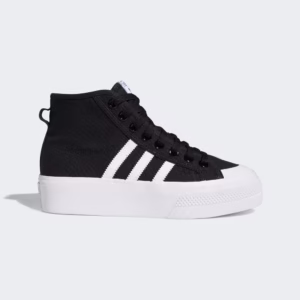 Zapatillas adidas Nizza Platform Mid FY2783 para mujer en color negro y blanco con suela plataforma. Modelo retro de caña media con plataforma alta, talla 38 EU.