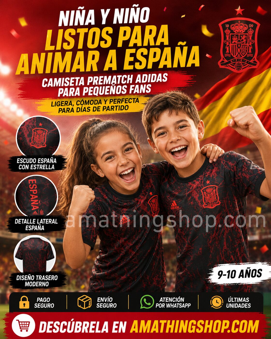 Camiseta España niña y niño Adidas Prematch FS3481 negra y roja para 9-10 años, ideal para pequeños fans de España en días de partido.