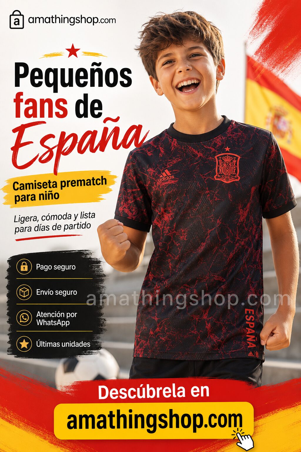 Camiseta España niño Adidas Prematch FS3481 negra y roja, modelo infantil talla 140 para pequeños fans de España en días de partido.