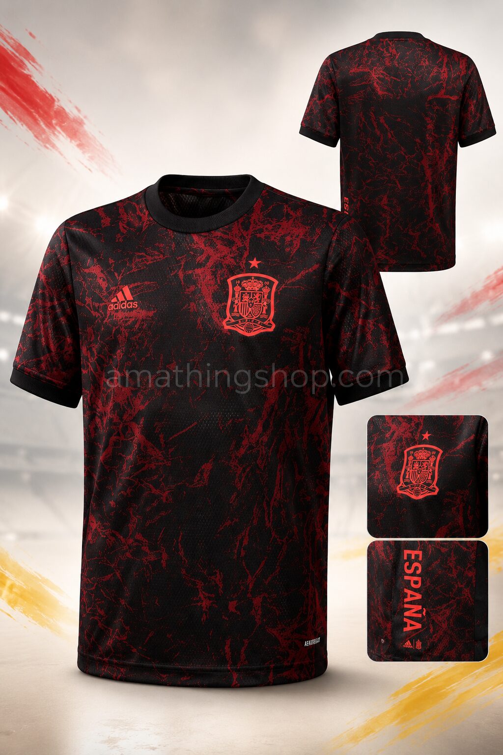 Camiseta España niño Adidas Prematch FS3481 negra y roja talla 140, vista frontal, espalda y detalles del escudo y lateral España.