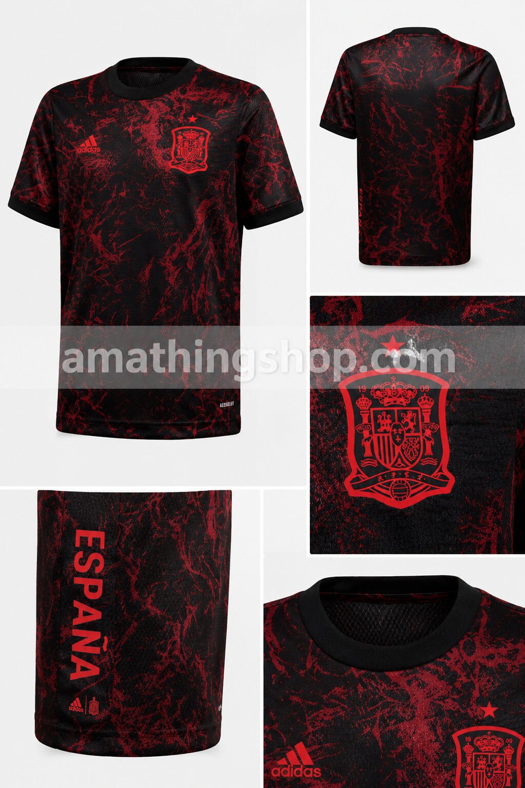 Camiseta España niño Adidas Prematch FS3481 negra y roja talla 140, collage con vista frontal, espalda, escudo de la Selección Española, cuello y detalle lateral España.
