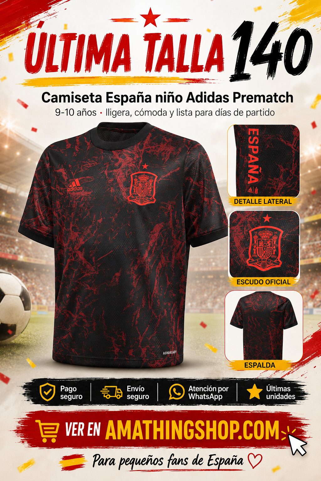 Camiseta España niño Adidas Prematch FS3481 negra y roja talla 140 para 9-10 años, con escudo de la Selección Española y tecnología AEROREADY.