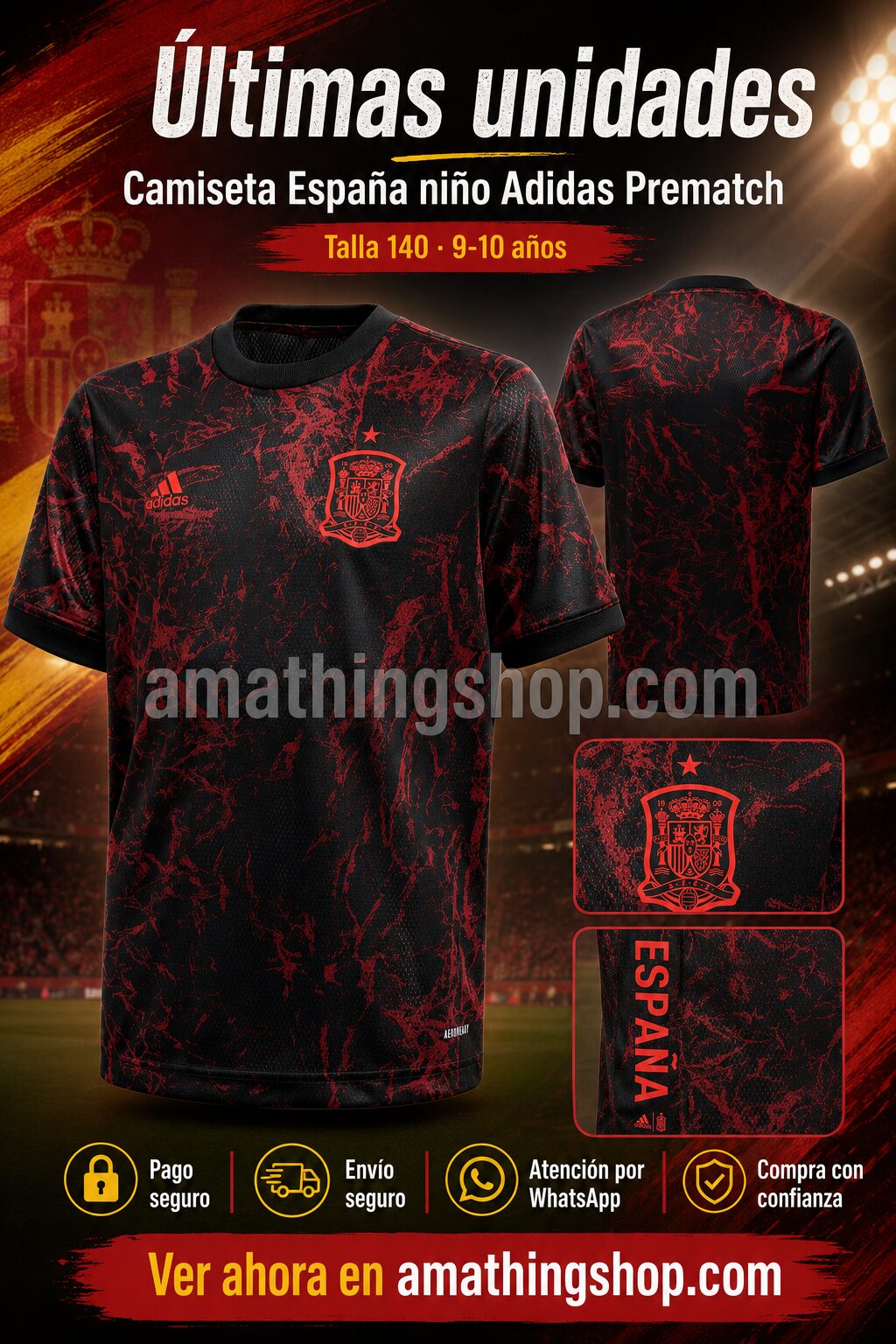 Camiseta España niño Adidas Prematch FS3481 negra y roja talla 140 para 9-10 años, últimas unidades con vista frontal, espalda y detalles.