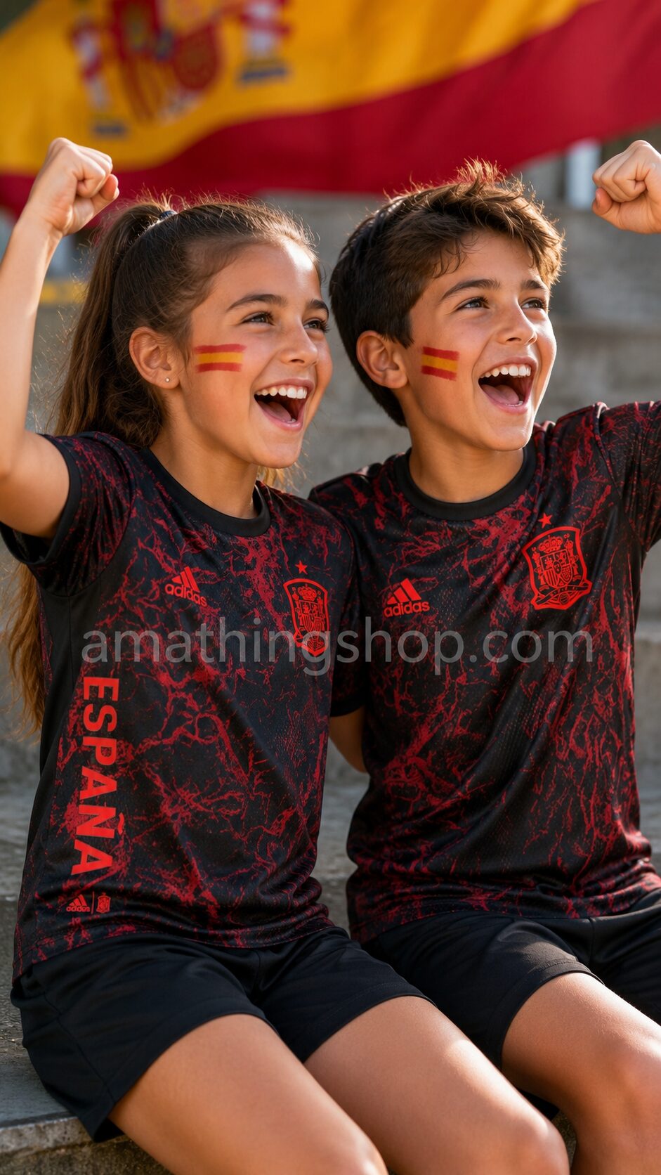 Niña y niño animando a España con camiseta Adidas Prematch FS3481 negra y roja para pequeños fans de 9-10 años en días de partido.