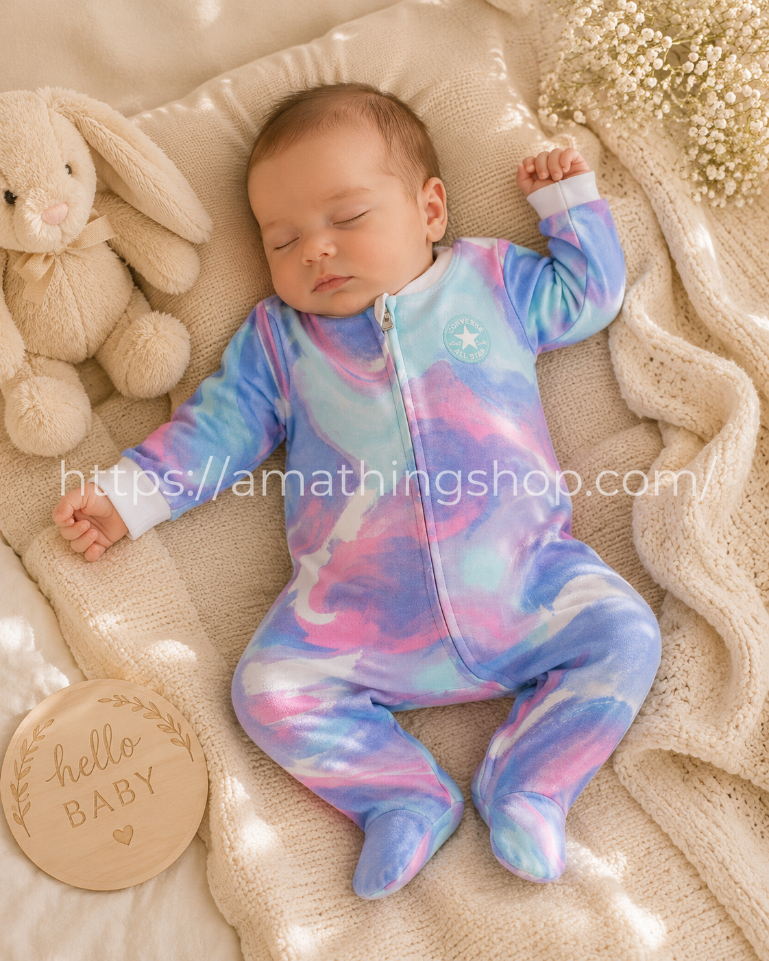 Bebé recién nacido durmiendo con pijama pelele Converse tie dye multicolor pastel