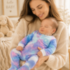 Madre sosteniendo bebé dormido con pijama pelele Converse tie dye multicolor pastel