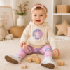 Bebé niña sentada jugando con conjunto Converse beige y leggings rosa en habitación premium luminosa