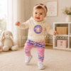 Bebé niña dando primeros pasos con conjunto Converse beige y leggings rosa en habitación premium