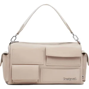 Bolso Desigual Pocket Face Habana beige con múltiples bolsillos y asas extraíbles sobre fondo claro.