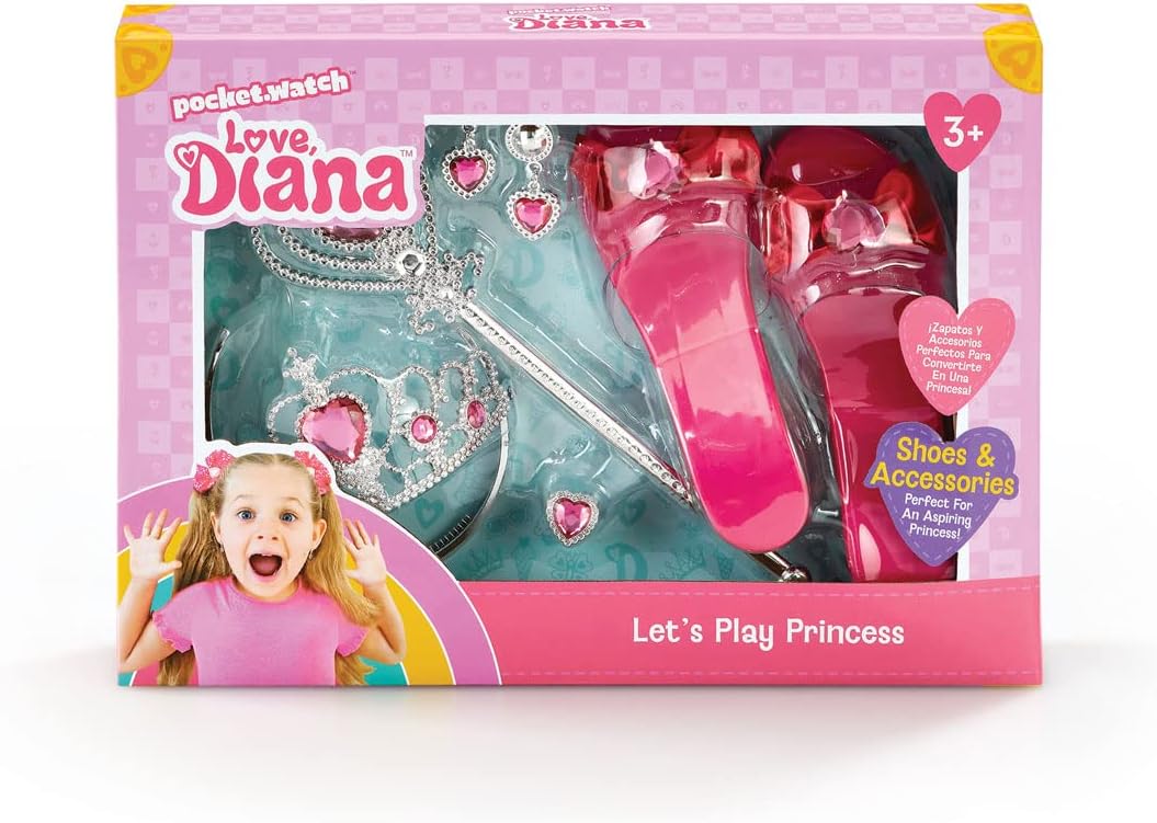 Set princesa Love Diana con corona, varita, joyas y zapatitos rosas presentado en caja infantil