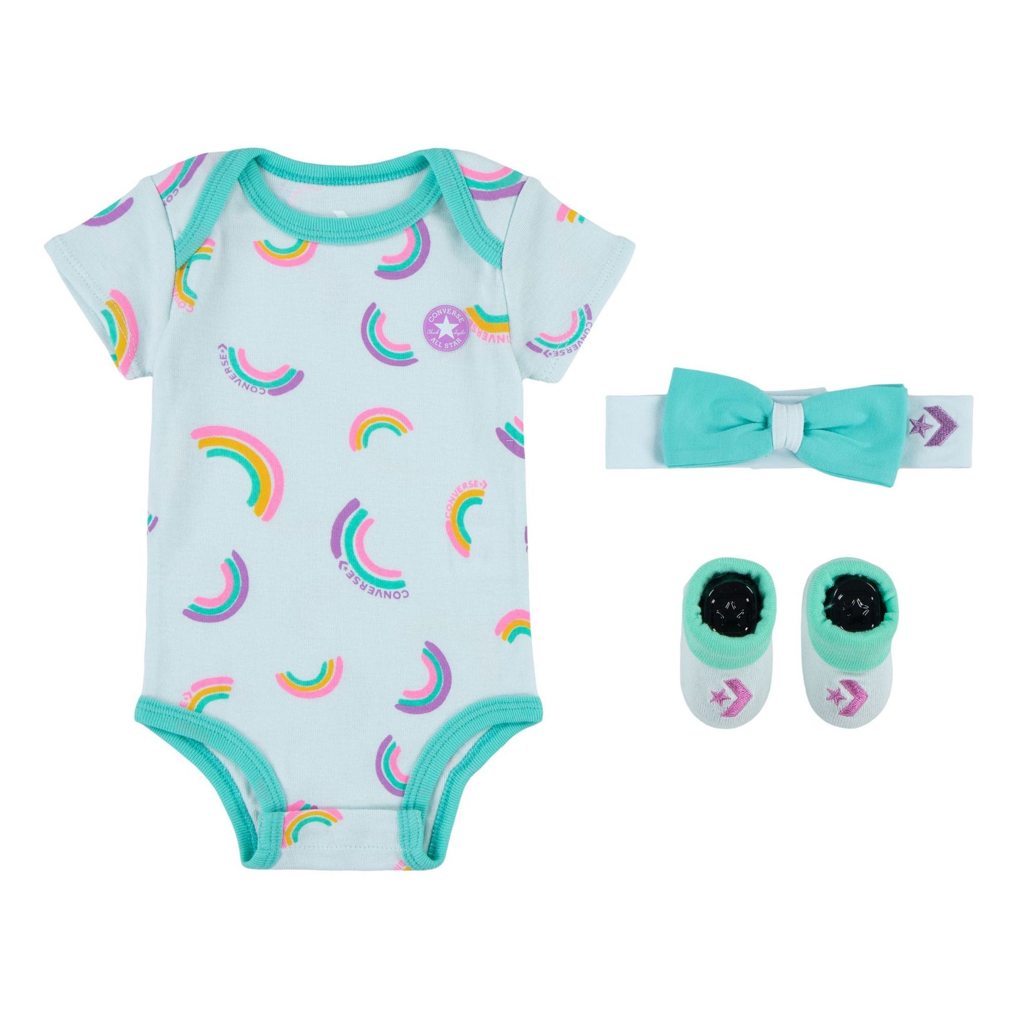 Conjunto Converse bebe arcoíris de tres piezas para recién nacido con body elástico de algodón patucos y cinta de lazo. Conjunto Converse bebe arcoíris de tres piezas para recién nacido con body elástico de algodón patucos y cinta de lazo.