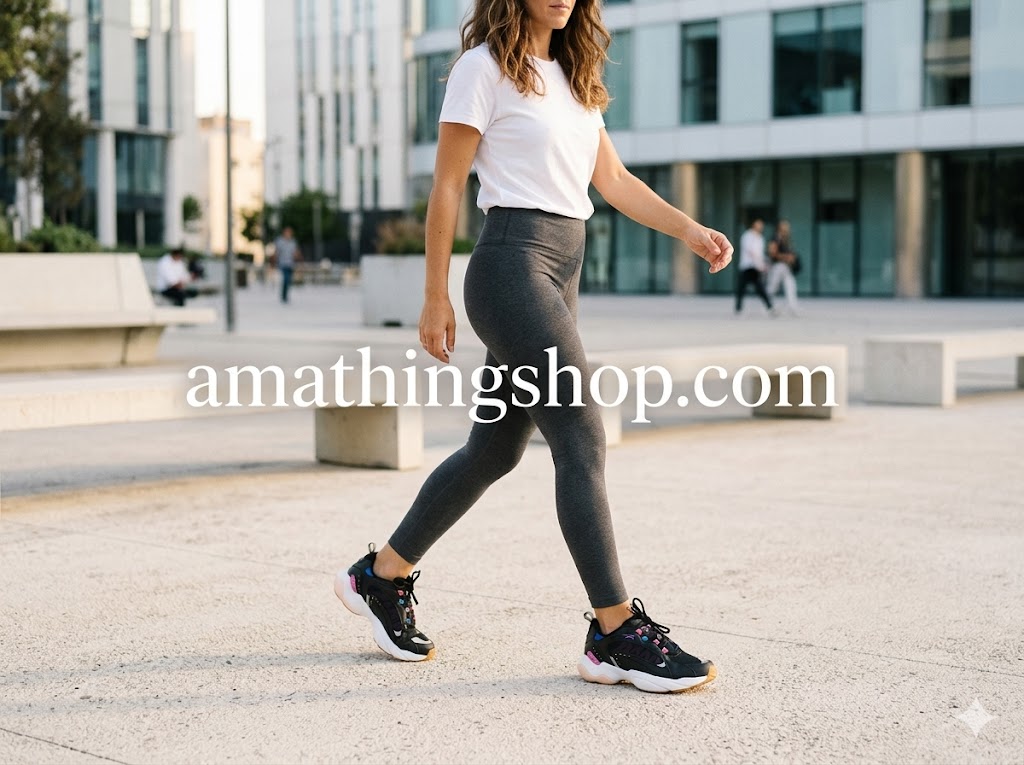 Zapatillas Reebok Royal Pervader para mujer en color negro con detalles rosa en oferta, look lifestyle urbano con leggings grises, disponible en amathingshop.com.