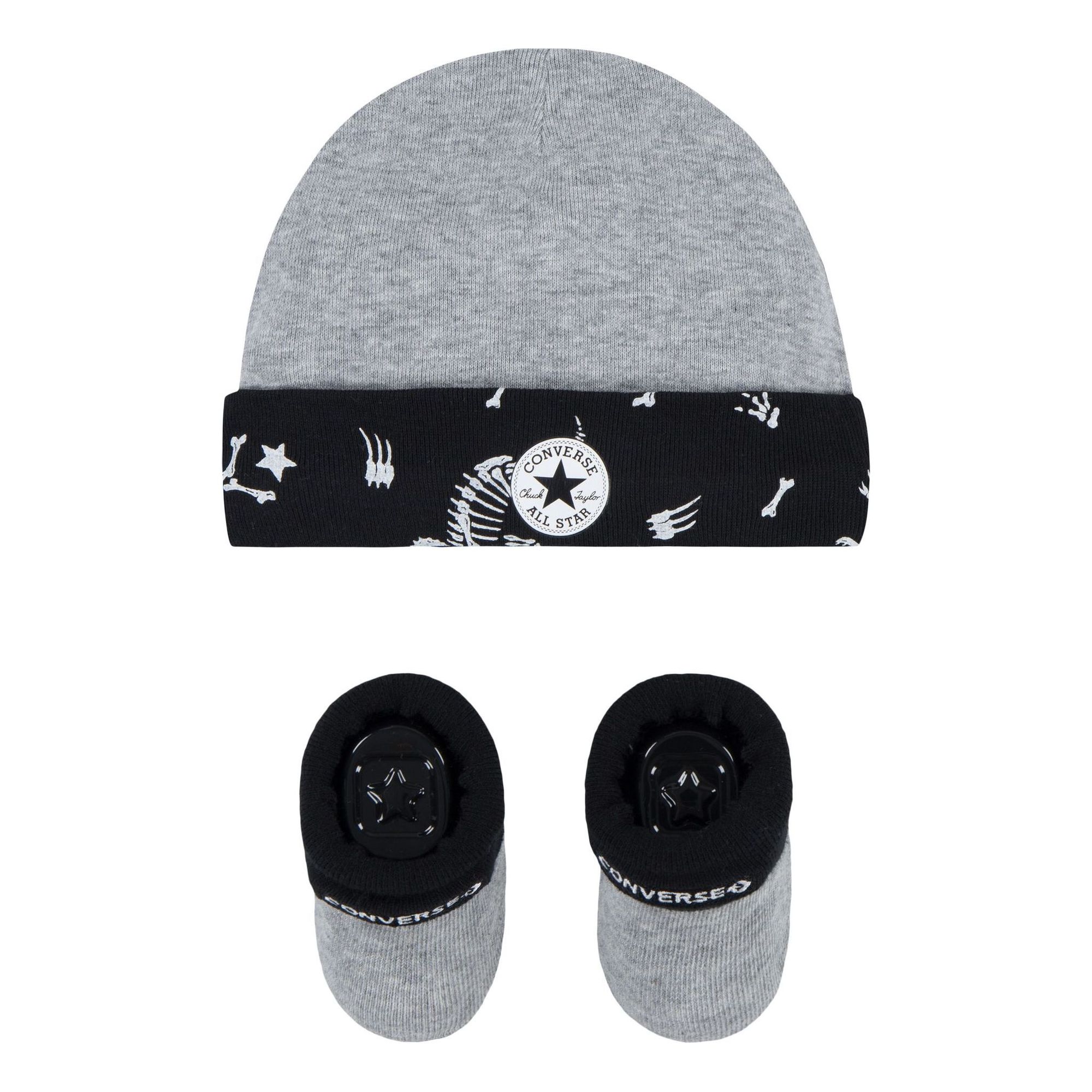 Conjunto de primera puesta Converse para bebé con gorro gris jaspeado y calcetines negros elásticos modelo NC0330-042