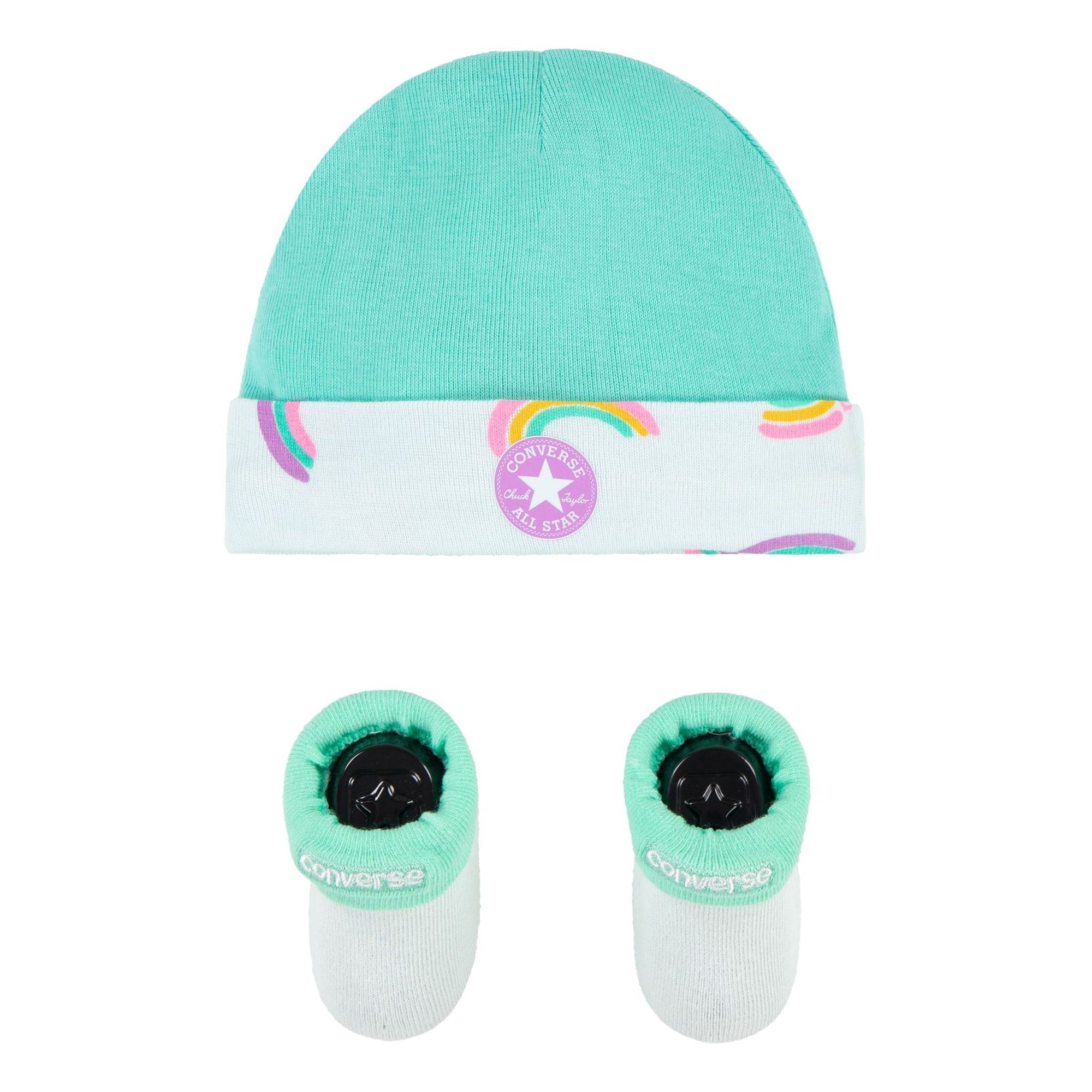 Conjunto Converse para bebé: Gorro turquesa y patucos con diseño arcoíris