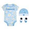 Conjunto Converse bebé 3 piezas original azul con flores body gorro patucos 0-6 meses edición limitada