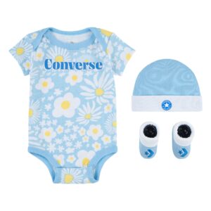 Conjunto Converse bebé 3 piezas original azul con flores body gorro patucos 0-6 meses edición limitada