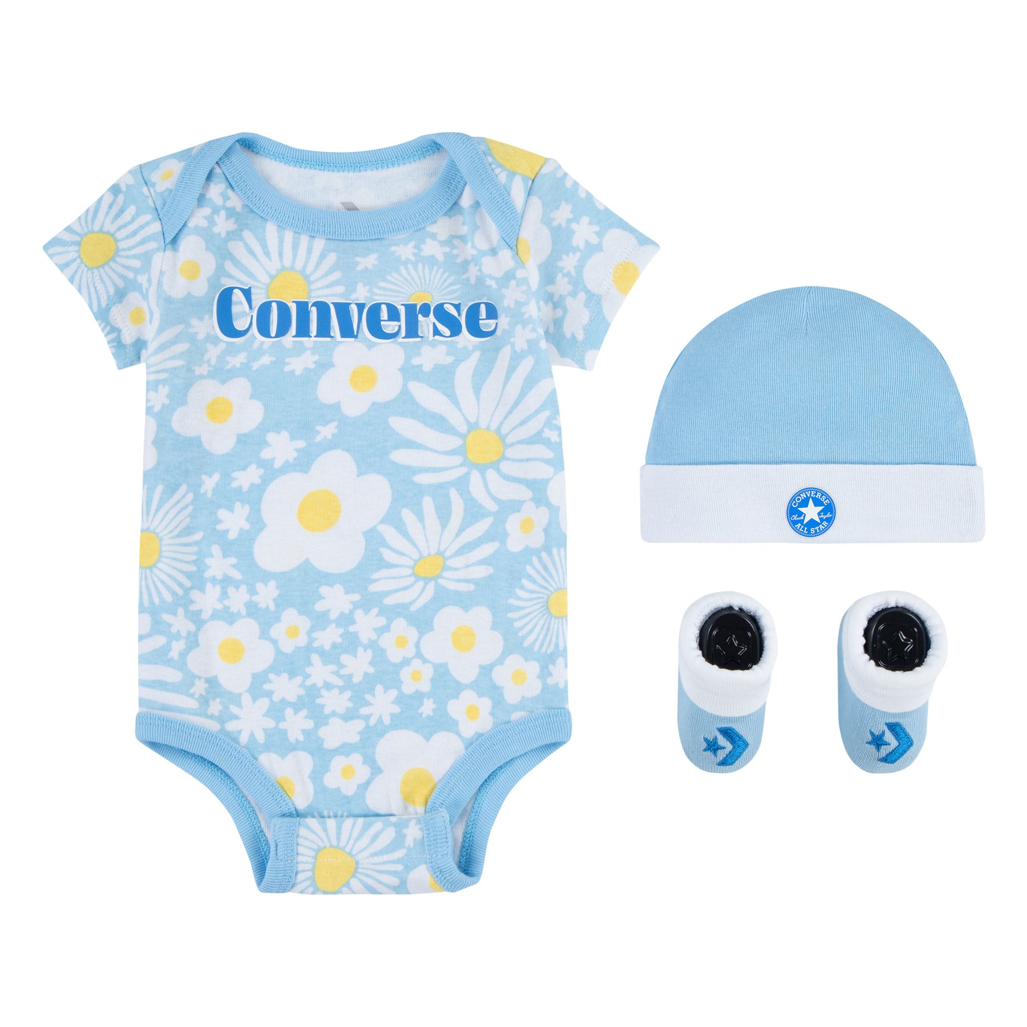 Conjunto Converse bebé 3 piezas original azul con flores body gorro patucos 0-6 meses edición limitada