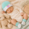 Bebé recién nacido dormido con gorro Converse turquesa arcoíris y patucos suaves a juego