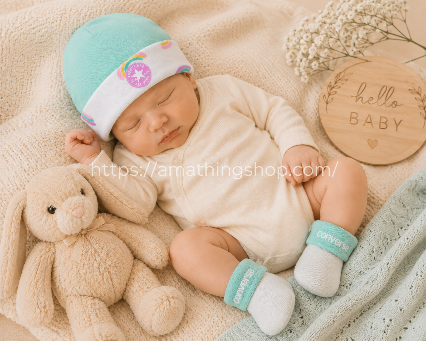 Bebé recién nacido dormido con gorro Converse turquesa arcoíris y patucos suaves a juego